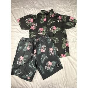 Disney Neff Men's Shirt (L) & Shorts (M) Set Black Hawaiian Floral Mickey Mouse